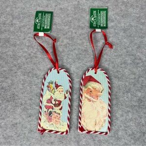 Kurt S. Adler Mint Wooded Christmas Tag Christmas Greetings Tree Ornament Set 2